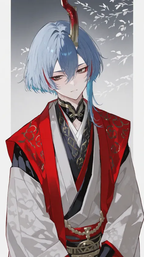 Regent Men,blue hair,hair highlights gray,RED PATTERNED KIMONOKI, kabuki Face,Big Kimono,There is a regent's horn,เทศกาล,standing,Upper Body Shape