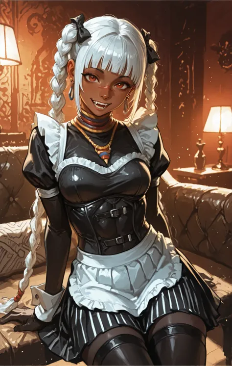 woman looks like a mix of Elena and Cammy from Street Fighter 6. (Maintain the skin tone of the template). She has a horizontal, red scar over her nose. She has sharp teeth. pointed fangs in her mouth. your body is athletic, with muscles and abs. B-Cup. Si...