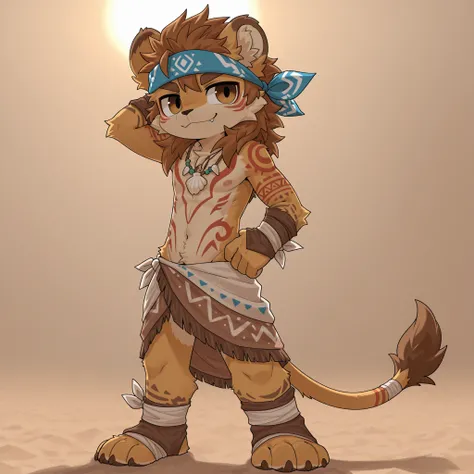 最高品質, 高解像, anthro, 1boy, solo,tribal lion boy, furry,super deformed, shirtless, sun-tanned skin, golden fur, sea breeze hair,no pants, bandana cloth wrapped around waist (tribal style), blue and brown geometric fabric, shell necklace, bead accessories, tri...