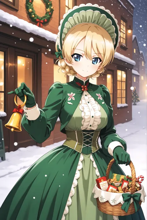 1girl, Character, Girls Und Panzer, darjeeling \(girls und panzer\), green dress, jacket, green skirt, lapels, green clothing, white fur lining, satin, (white center frills) high collar, puffy long sleeves, green Victorian bonnet, green gloves,corset, ring...