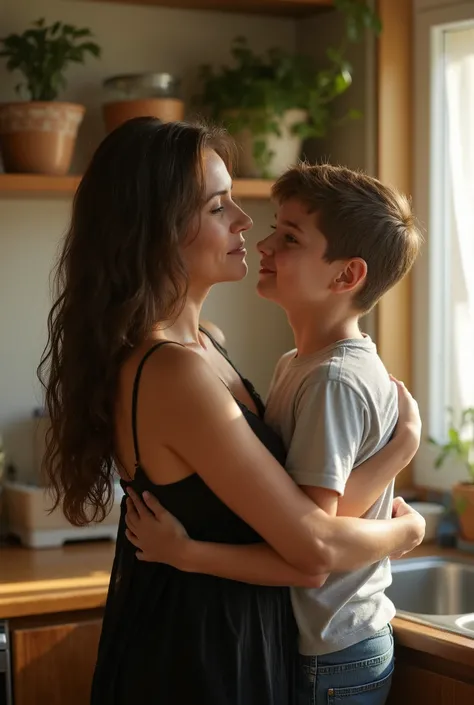 A mother and boy is standing in a cozy kitchen, embracing each other warmly. Sexy mother. woman wearing a thin black nightgown. Her long, dark hair. The young boy, light t-shirt and jeans, has his arms gently wrapped around her waist. He is as tall as her ...