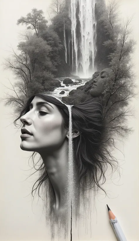 MONOCHROMATIC PENCIL DRAWING ART double exposure of closeup half beautiful woman face and beautiful waterfall in nature have space central line , ultra realistic pencil sketch , hyper detail exposure with waterfall from her hair to her face, on the old pap...