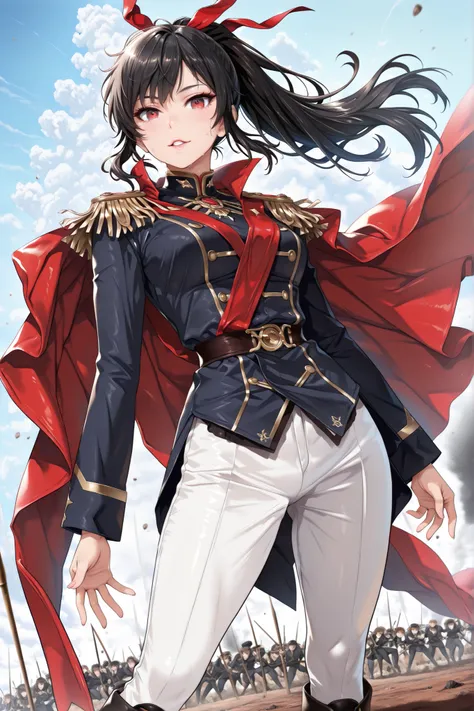 1 girl, Ha Yuri Zahard, black hair, radiant skin, red eyes, detailed eyes, long eyelashes, beautiful eyes, ponytail, hair ribbon, realistic skin with natural texture and a slight sheen of sweat, pretty eyes, detailed eyes, gradient eyes, long eyelashes, be...