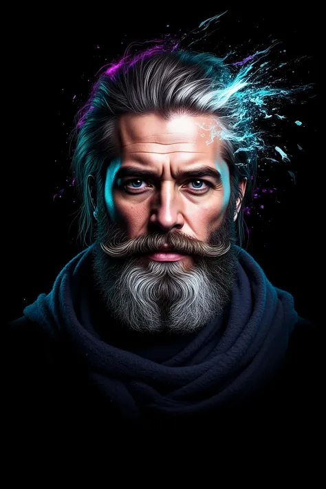 A heavily bearded man with albinism — white lashes, pinkish eyes, and warm undertones in his freckled skin. His hair is long, loosely tied back, and he wears a faded indigo scarf. A single brushstroke of violet tears across the black background, with swirl...