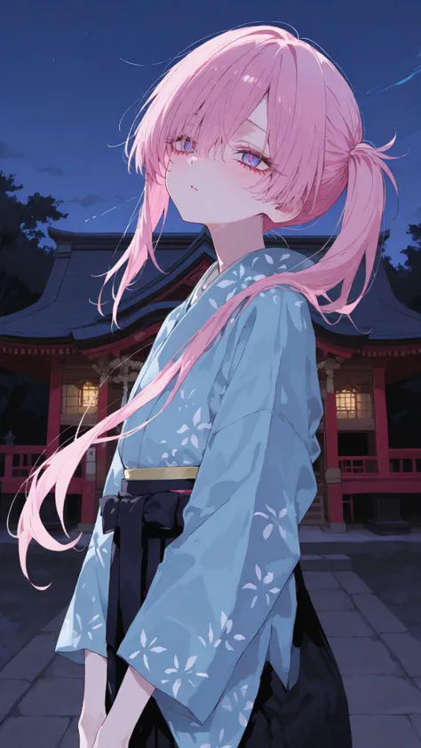 girl, Pink Hair,in blue eyes, side ponytail, blue kimono , Black Hakama, Sharp gaze eye, at night ,sky,Shrine,The wind