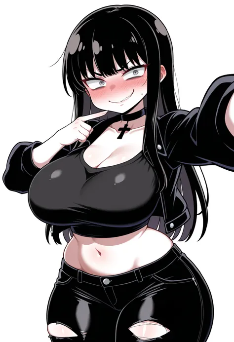 (Masterpiece,detailed,best quality),1girl, curvy body,big breasts,wide hips,white skin, very thick thighs,choker, perfect face,goth style clothes,crop top,cropped puffy jacket,choker Of Cross Pendant,grey eyes,blackhair,straight hair,long hair,torn pants, ...