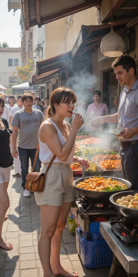 finely, detail, highres, photorealistic young woman food blogger in light summer clothing with practical crossbody bag, sampling local street food at vibrant morning market, genuine delight captured mid-bite, vendor proudly watching her reaction, morning s...