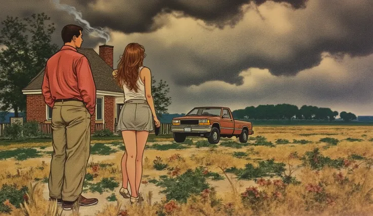 shippengreen1 illustration.
Two people, a man (dressed in khaki pants and red shirt) and a woman (dressed in miniskirt and tank top) , standing outdoors, looking out across the open fields. A small brick house is nearby with wisps of smoke coming from the ...