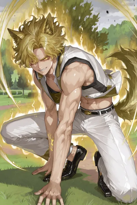 Male, wavy hair, golden hair, short hair, golden eyes, high school, golden aura, park landscape, white and golden aura, floating hair, fight stance, toned, wolf ears, masculine, ultra_instinct, open vest, white suit pants, black oxford shoes, wolf tail, sh...