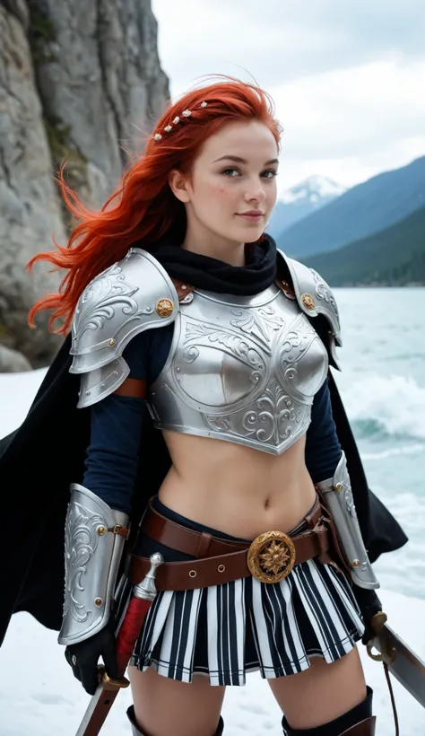The 18-year-old has a strong and mesmerizing presence, typical of a legendary Nordic warrior.

Appearance

She has long, vibrant red hair, falling in loose waves over her shoulders and contrasting with the icy background. Her fair skin is naturally illumin...