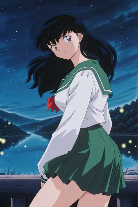 Higurashi kagome \(inuyasha\), solo, sexy curvy body, masterpiece, 16K resolution, perfect anatomy, seductive pose, erotic, attention to detail, (dynamic angle), detailed background, under night sky, falling stars, beautiful night sky on bank of the rive...