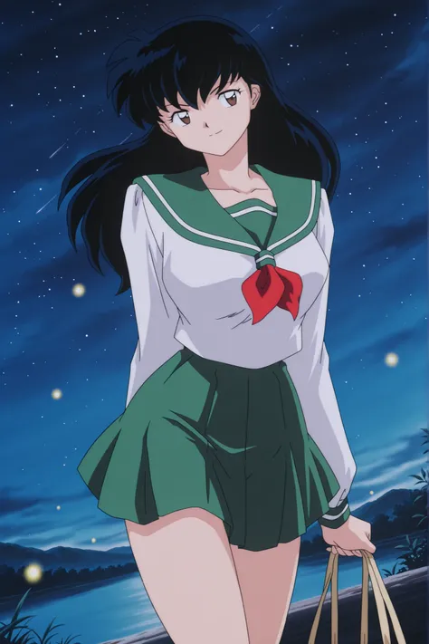 Higurashi kagome \(inuyasha\), solo, sexy curvy body, masterpiece, 16K resolution, perfect anatomy, seductive pose, erotic, attention to detail, (dynamic angle), detailed background, under night sky, falling stars, beautiful night sky on bank of the rive...
