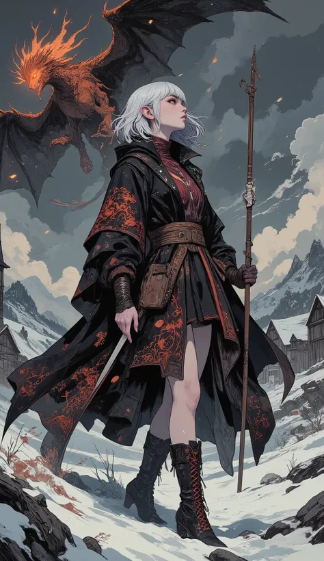 (A digital art piece blending ukiyo-e with dark fantasy, creating an aesthetic and gothic style. Detailed depictions of the face and body. Dark heroine.) BREAK
(A small port town in medieval Scandinavia, where the sea freezes in bitter cold. Dark gray clo...