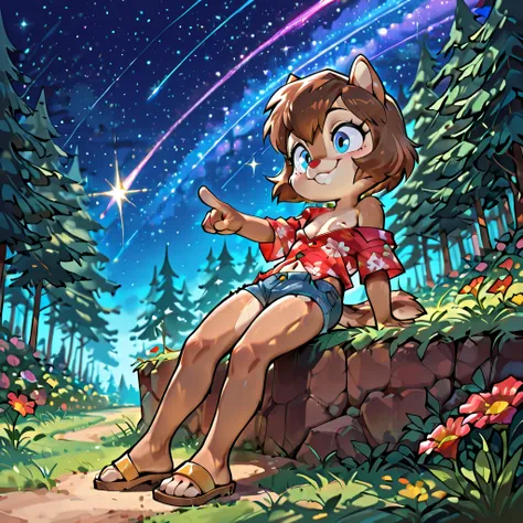 score_9, score_8_up, score_7_up, score_6_up, hi_res, furry_source, absurdres, masterpiece, best quality, amazing quality, Chip'n Dale Rescue Rangers, 1girl, solo, alone, Femdale, furry, anthro, chipmunk girl, brown fur, blue eyes, chipmunk tail, red nose, ...