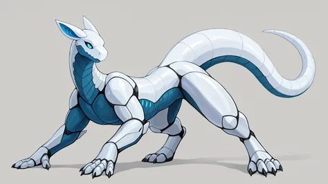 solo, feral, synth-dragon, sleek body, wingless, white body, blue underbelly, two ears, simple background, high quality, by plive