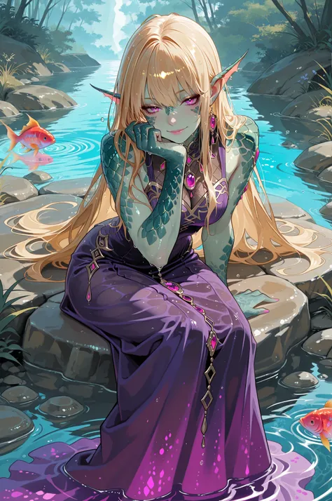 miaomiao_liulifa, visiosomni, (masterpiece:1.3, best quality, ultra detailed), sahuagin-inspired woman sitting calmly on a rock in a quiet cove, long golden hair gently flowing and slightly wet, luminous purple eyes, green skin with forearms and upper arms...
