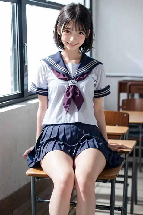 bright room , sailor,solo,pubic hairを避けてください , look down, 1girl , realistic on pho , Middle School Student , ((( Height 145 cm ))) ,  ((( smaller ))) , (( Slim )) , ((( smaller胸 ))) , (( black hair , short hair , one knot , Quota ))) , ((( classroom ))) , ...