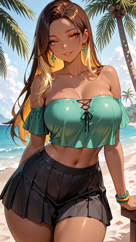 
最high quality, masterpiece, Very detailed, high quality, high resolution, A girl, brown hair, Solo, long hair, two-tone hair (blonde), Amber eyes, brunette, earrings, beautiful, beautiful and perfect face, Smile, seductive smile, naughty, View your audien...