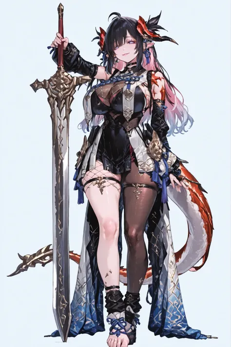   8k wallpaper、    top quality 、masterpiece,   748cm スThailandル   、sexy black bralette dress with fishnet top beneath,   woman 1 person、ribbon、piercings and earrings on her ears,  pointy elf ears, black ripped pelvic curtain dress、 cute black oversized coa...