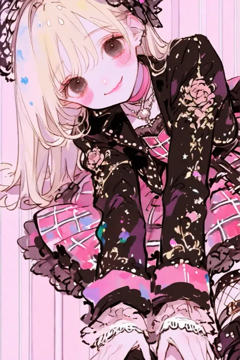 thin lines, thin colors, watercolor, colorful, fantasy, (looking viewer :1.5), lolita theme, model pose,
1 girl, solo, blonde hair, long hair, black eyes, blush stickers, rebellious character, pink plaid dress, black lolita dress with studded belt, long ...