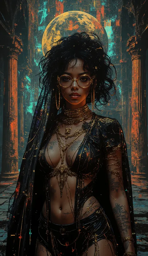 In the style of Neon glitch mosaic surrealism, we see a photo-realistic bizarre portrait of a beautiful, and Charismatic caucasian half black lady of mixed heritage bearing a large gap toothed infectious smile between dimpled cheeks, graceful yet an outca...