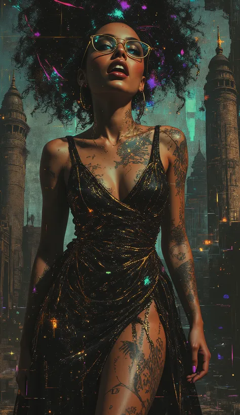 In the style of Neon glitch mosaic surrealism, we see a photo-realistic bizarre portrait of a beautiful, and Charismatic caucasian half black lady of mixed heritage bearing a large gap toothed infectious smile between dimpled cheeks, graceful yet an outca...