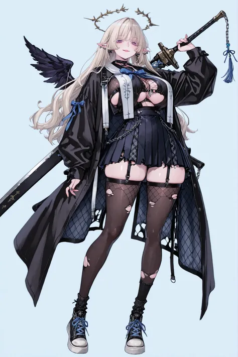 8k wallpaper、 top quality 、masterpiece, 748cm スThailandル 、sexy black school uniform top, boob curtain top, woman 1 person、ribbon、piercings and earrings on her ears, pointy elf ears, black ripped school skirt、 cute black oversized coat with puff...
