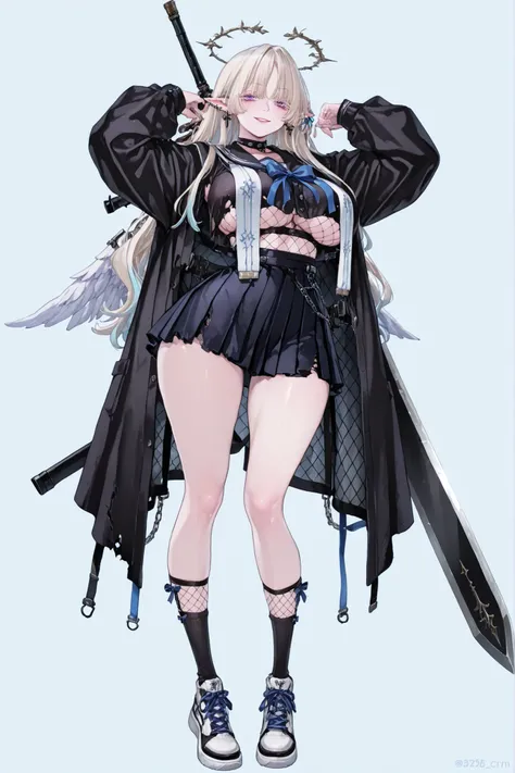 8k wallpaper、 top quality 、masterpiece, 748cm スThailandル 、sexy black school uniform top, boob curtain top, woman 1 person、ribbon、piercings and earrings on her ears, pointy elf ears, black ripped school skirt、 cute black oversized coat with puff...