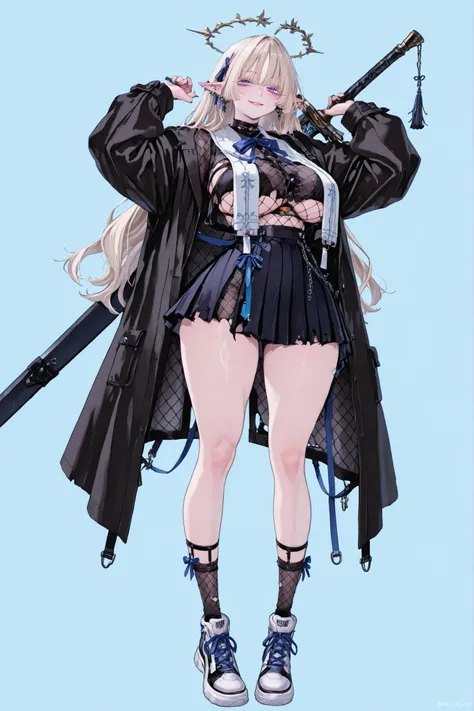 8k wallpaper、 top quality 、masterpiece, 748cm スThailandル 、sexy black school uniform top, boob curtain top, woman 1 person、ribbon、piercings and earrings on her ears, pointy elf ears, black ripped school skirt、 cute black oversized coat with puff...