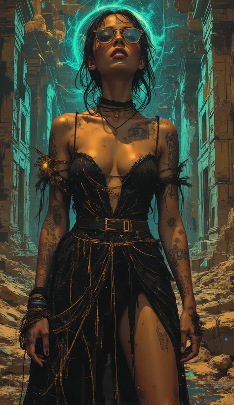 In the style of Neon glitch mosaic surrealism, we see a photo-realistic bizarre portrait of a beautiful, and Charismatic caucasian half black lady of mixed heritage bearing a large gap toothed infectious smile between dimpled cheeks, graceful yet an outca...