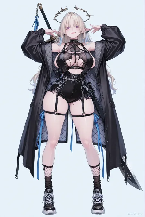   8k wallpaper、    top quality 、masterpiece,   748cm スThailandル   、sexy bikini black bralette with fishnet top beneath,   woman 1 person、ribbon、piercings and earrings on her ears,  pointy elf ears, black ripped punk shorts、 cute black oversized coat with p...