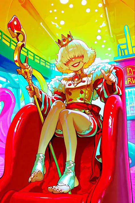a young prince sitting in a colorful plastic throne, ((indoor playground, fast food restaurant playplace)), masterpiece,  high_quality, best_quality, highres, absurdres, 8k, 1boy, male, youthful, French, peach skin, mid-length blonde hair, straight yet flu...