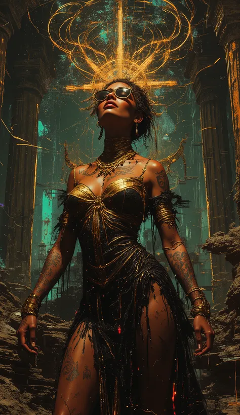 In the style of Neon glitch mosaic surrealism, we see a photo-realistic bizarre portrait of a beautiful, and Charismatic caucasian half black lady of mixed heritage bearing a large gap toothed infectious smile between dimpled cheeks, graceful yet an outca...