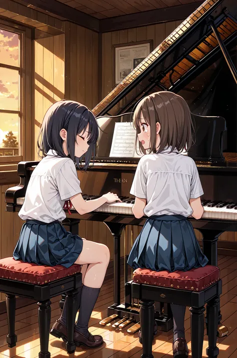 (masterpiece,top quality,High Resolution,very detailed,8K),(grand piano, sitting,playing piano),2 girls,School students,(the first girl and the second girl sit side by side,the first girl sits next to the second girl and plays the piano,The second girl sit...