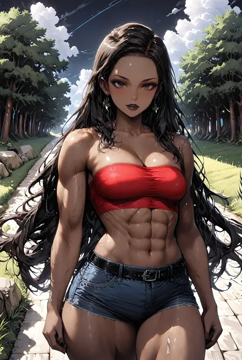 (Night Sky, Cloud Sky, Trees, Stone Road, Grass, Rocks), Perfect Face, Perfect Body, ((Female African, Colored Skin, Light Brown Skin)), Black Hair, (Very Long Slicked Back Hair), ((Forehead)), Black Thin Eyebrows, Dark Brown Eyes, Thick Lips, Black Lips, ...