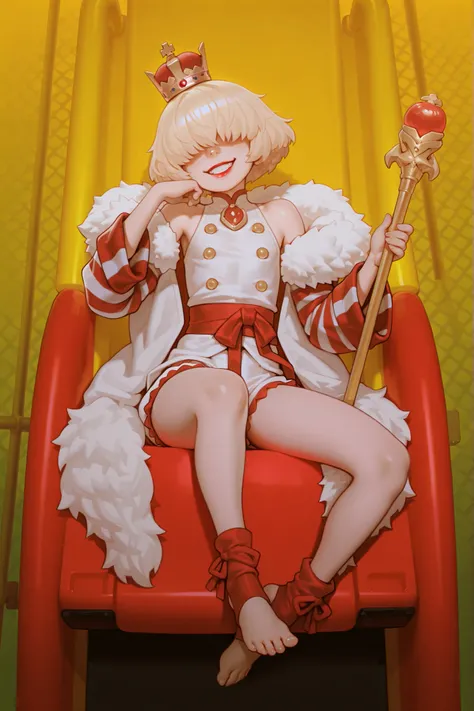 a young prince sitting in a colorful plastic throne, arrogant pose, ((indoor playground, fast food restaurant playplace)), masterpiece,  high_quality, best_quality, highres, absurdres, 8k, 1boy, male, youthful, French, peach skin, mid-length blonde hair, s...