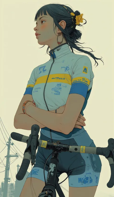 Profile、She rides her bike with determination and focus. She has her arms crossed in a bright cycling jersey combined with blue, Yellow, White and white, adorned with sponsor logos. her gaze is directed forward, A sense of focus and movement. Picture ligh...