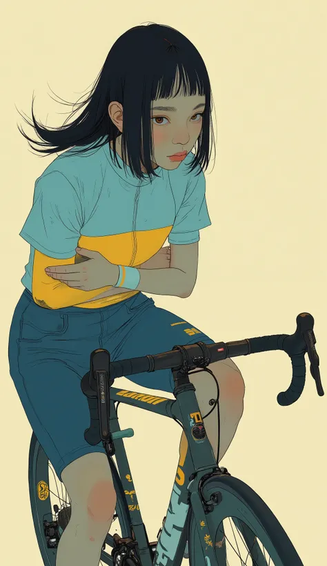 Profile、She rides her bike with determination and focus. She has her arms crossed in a bright cycling jersey combined with blue, Yellow, White and white, adorned with sponsor logos. her gaze is directed forward, A sense of focus and movement. Picture ligh...