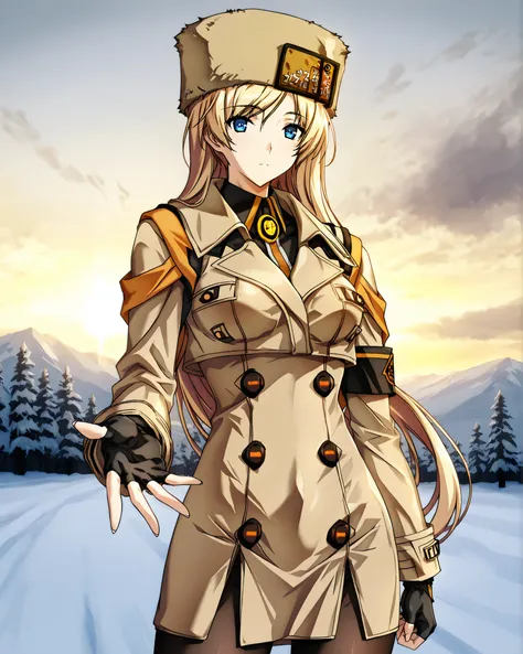 solo,1girl,コンセプトアートスタイル,brown headwear, fur hat, ushanka, license plate, brown coat, buttons, long sleeves, black armband, black gloves, fingerless gloves, black shirt, collared shirt, black pantyhose,strivemilrg, long hair, blonde hair, blue eyes,