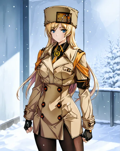 solo,1girl,コンセプトアートスタイル,brown headwear, fur hat, ushanka, license plate, brown coat, buttons, long sleeves, black armband, black gloves, fingerless gloves, black shirt, collared shirt, black pantyhose,strivemilrg, long hair, blonde hair, blue eyes,