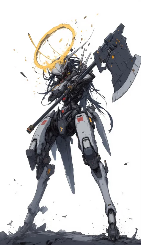 Full Body, U-shaped antenna on the head 、 Gundam type robot 、 Slenderのシルエット、 Slender、bent back、standing still in the air above the battlefield、Official body color 、 white background 、Slender silhouette holding a large axe、Slender、Slender、holding a large...