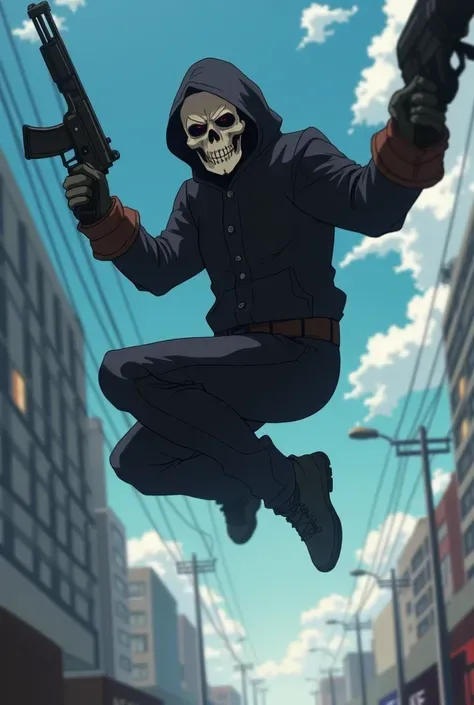 Ghost leaps into the air; time slows.
The camera spins around him in a full 360°, anime-style, showing the enemy’s bullet whistle past his mask — slicing a tiny tear in his hood fabric.

His eye (visible through the skull mask) narrows with that classic an...