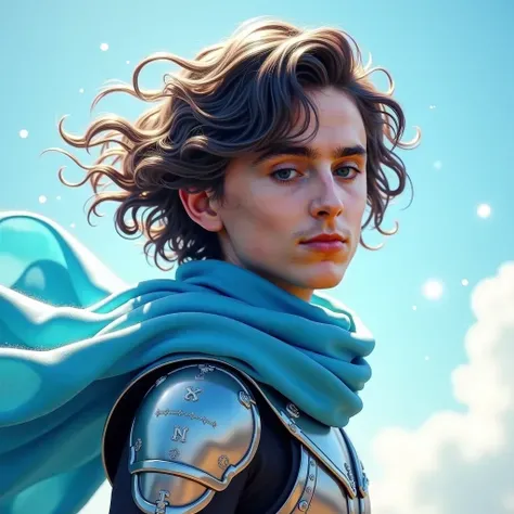 Timothée Chalamet as Sawyer, hyper-real fantasy with a playful and adventurous energy. Lean frame, wind-swept curls, expressive eyes. His sky-blue rider scarf flows around him as if enchanted by the wind. Armor pieces are agile and lightweight, etched with...