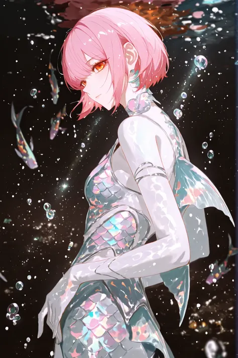 Anime style illustration. Fashion show scene underwater. A female model with pink bob-cut short hair and deep orange eyes walks the runway, wearing a fish scale skin concept outfit—her skin and clothes shimmer with iridescent, metallic reflections like fis...