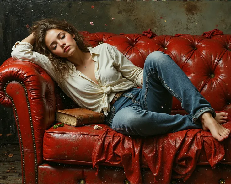 created a painting with oil painting with huge details , In the style of the artist Leonardo Davinci , The art of the era of European Renaissance , A fully detailed painting of a beautiful girl ( 20 years old ) She sleeps on a red leather sofa, wearing...