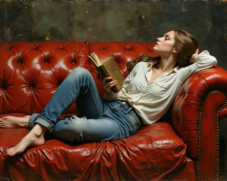 created a painting with oil painting with huge details , In the style of the artist Leonardo Davinci , The art of the era of European Renaissance , A fully detailed painting of a beautiful girl ( 20 years old ) She sleeps on a red leather sofa, wearing...