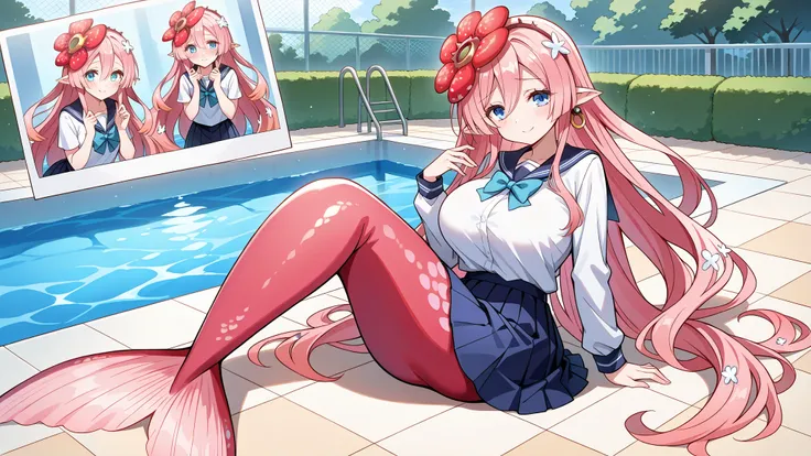 (Fraction_9:0.9),Fraction_8_Up,Fraction_7_Up,grade,(zPDXL3),(   masterpiece),  (Best Quality ),(All five fingers ),A Girl,alone,Traptrix Rafflesia,PINK HAIR,Liu Hai on the left,long hair,blue eyes,school uniforms,skirt,big boobs,mermaid,The lower half of t...