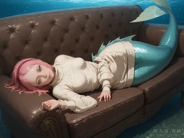 Sakura Haruno. small breasts, huge hips, pink hair, medium hair, light green eyes, thin lips, very fair skin, big forehead. | A mermaid lying on a sofa at the ocean floor, underwater. She wears a cozy knitted sweater and a ribbon‑like belt. Her beautiful f...