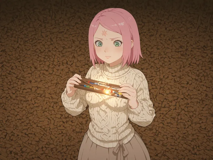 Sakura Haruno. small breasts, huge hips, pink hair, medium hair, light green eyes, thin lips, very fair skin, big forehead. | A toy restorer in a cozy workshop carefully mending vintage toys. The character wears a knitted sweater and a voluminous skirt, su...