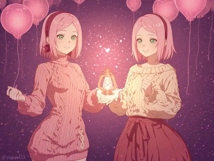 Sakura Haruno. small breasts, huge hips, pink hair, medium hair, light green eyes, thin lips, very fair skin, big forehead. | A mystical celebration of Ayaba and Yuri in the underground realm. A vibrant fair with whimsical аттракционы, floating balloons, a...